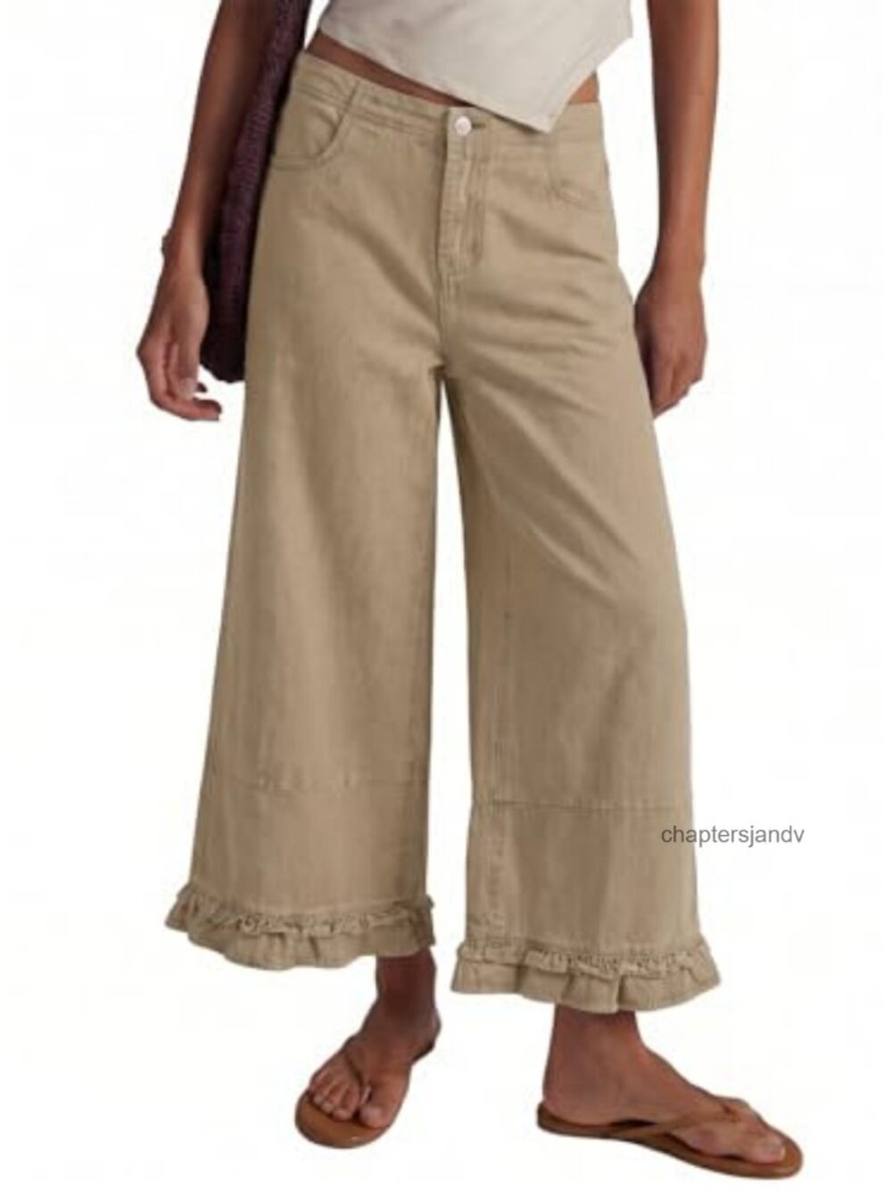 Wide Leg Cropped Jeans Ruffle Hem 100% Cotton Denim Pants